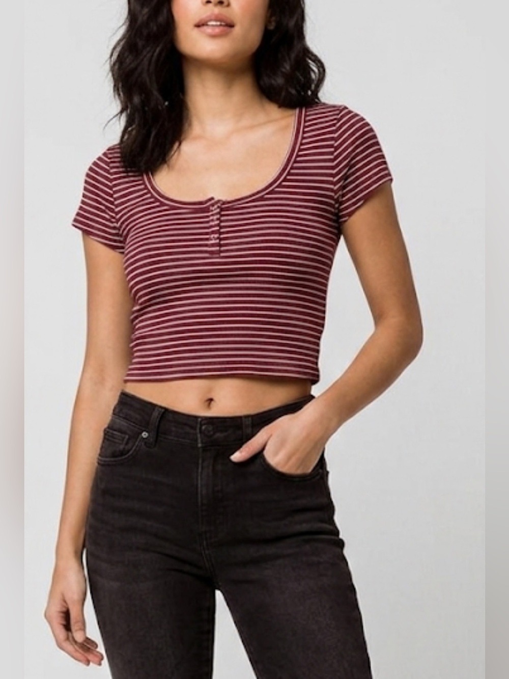 COTTON ON Cropped Henley Top Burgundy White Striped KnitLarge Y2K